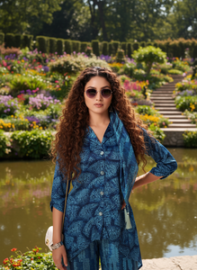 Ensemble coordonné à imprimé floral de haute qualité pour femmes, style ethnique contemporain, kurta asymétrique, pantalon et foulard assortis, pour les occasions spéciales, en polyester. - Product Image 5