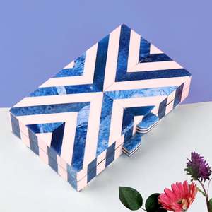 Geometric Patterned <b>Wooden</b> <b>Box</b> Square Shape Blue White Design Decorative Storage Container - Product Image 1