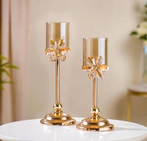 Golden Metal <b>Candlestick</b> Holder with Crystal Flower Design Cylindrical Shape Home Decoration - Product Image 4