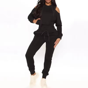 Conjunto Deportivo Holgado de Lino con Capucha Negra para Mujer, Top Corto y Pantalones Largos con Bolsillos Laterales, Ropa Casual de Verano - Product Image 1