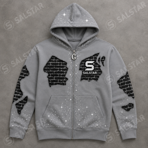 <b>Men's</b> Custom Rhinestone Zip Up <b>Grey</b> Hoodie Jacket – Premium Streetwear <b>Sweatshirt</b> with Graphic Print & Custom Logo - Product Image 3