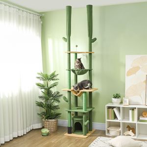 Árbol para Gatos y Rascador de 89-100 Pulgadas, Verde, de Piso a Techo, con Poste para Cepillado y Hamaca Tipo Condo para Gatos - Product Image 2