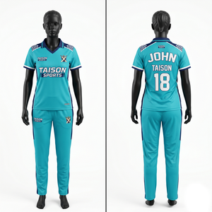 Uniforme de Cricket para Mujer, 180 GSM, Poliéster Interlock, Azul Cielo y Azul Marino, Paneles Laterales en Contraste, Sublimación, Logotipo Personalizado, Kit de Equipo - Product Image 6