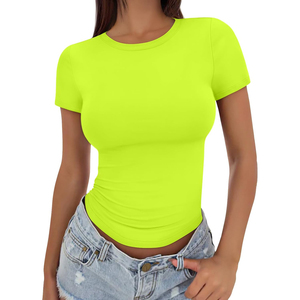 เสื้อครอปท็อปแขนสั้นคอกลมสีเขียวล้วนสำหรับผู้หญิง ทรงเข้ารูป ผ้าถัก สไตล์ลำลอง เหมาะสำหรับฤดูใบไม้ผลิและฤดูร้อน เสื้อยืดออกกำลังกาย ODM/OEM - Product Image 2