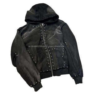 Sweat à capuche zippé en éponge française pour hommes, poids lourd, délavé au soleil et à l'acide, capuche zippée en strass, saison d'hiver fonctionnelle - Product Image 5