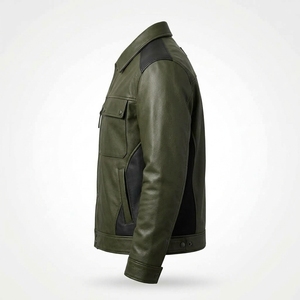 Veste de camionneur pour homme en cuir véritable vert olive et noir contrastant, avec boutons-pression, poches zippées, doublure imprimée, vêtement d'extérieur - Product Image 4