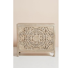 Luxury Handcrafted Solid Wood 3 <b>Drawer</b> Dresser Ornate Floral Mandala Carving Antique Natural Finish - Product Image 1