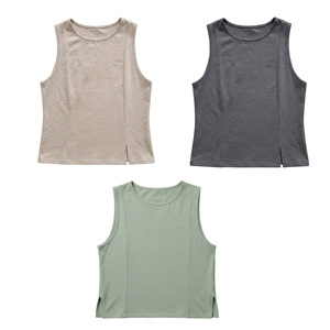 Débardeur d'été en coton pour femme, col rond, sans manches, avec fente latérale, style décontracté neutre, broderie personnalisée, athleisure, coupe classique, vierge - Product Image 5