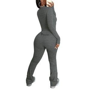 Combinaison longue zippée pour femme, gris uni, col en V, manches longues, tenue décontractée avec poches latérales, tissu respirant en coton et élasthanne - Product Image 4