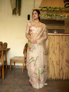 Sari de Seda con Estampado Floral, Lentejuelas, Bordado Katdana Hecho a Mano, Blusa Jalpari de Diseñador, Sin Arrugas, Largo hasta el Suelo, para Bodas y Fiestas - Product Image 1