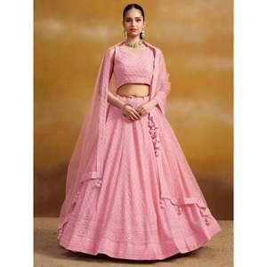 Conjunto de Lehenga Choli para Dama de Honor - Georgette Rosa con Bordado de Hilo y Dupatta - Product Image 3