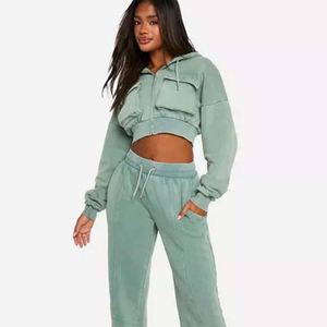 Women Mint Green Hooded Crop Top & Cargo Jogger Pants <b>Tracksuit</b> Set Full Sleeve Solid Color Casual Autumn Wear Breathable Cotton - Product Image 6