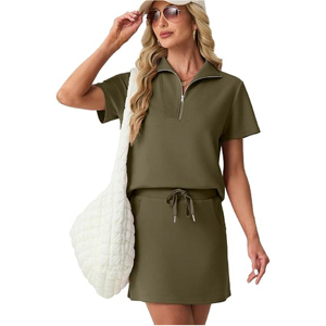 Conjunto de Dos Piezas Casual para Mujer, Tejido Waffle, Top Polo de Manga Corta con Media Cremallera y Minifalda con Cordón Ajustable - Product Image 1
