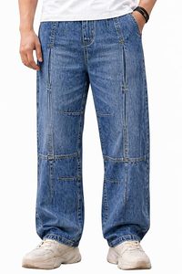 Jean bleu pour homme, coupe ample et confortable, jambe large, style utilitaire en denim délavé, 100 % coton, pour l'automne, longueur complète - Product Image 6