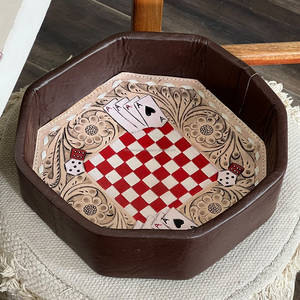 Genuine Hand Tooled Leather Octagonal Shape Storage Tray Floral Poker Dice Checkered Design Multifunctional Serving Trays - Product Image 1