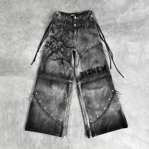 OEM Gothic <b>Bleach</b> Wash Wide Leg Men's Jeans Studded Spike Lace-Up Tribal Print Streetwear Denim Pant - Product Image 4