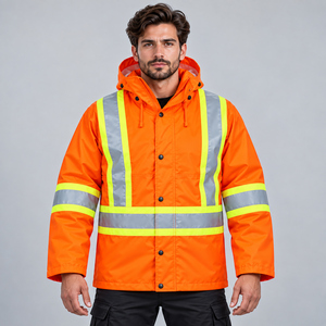 Men's High Visibility <b>Orange</b> Reflective Rain <b>Jacket</b> With Removable Hood Waterproof Workwear Safety Coat - Product Image 1