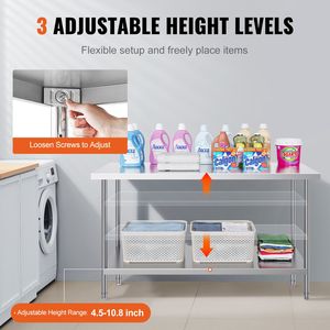 Tavolo da Preparazione Resistente 24 X 60 X 34 Pollici, Capacità di Carico 840 Libbre, 3 Altezze Regolabili, Acciaio per Cucina Commerciale - Product Image 5