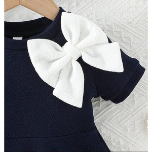 Girls Elegant Navy Blue <b>Bow</b> Dress / Kids Party Wear Fit & Flare Dress - Product Image 3