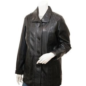 Women's Genuine <b>Leather</b> Stand Collar <b>Blazer</b> Full Sleeve Button Closure Winter Solid Color Regular Fit <b>Jacket</b> Outerwear - Product Image 3