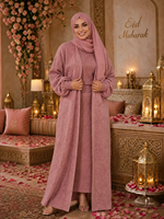 Ensemble Abaya 3 Pièces Tricoté Personnalisé ODM/OEM Rose Poudré avec Cardigan Ouvert en Maille Diamantée et Pantalon Palazzo – Tenue Modeste pour l'Aïd