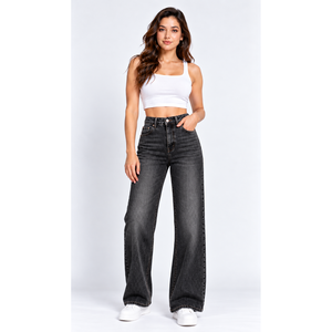 Jeans de mujer de cintura alta con corte de bota y presilla central con diseño de horquilla, color negro lavado - Venta al por mayor - Product Image 1