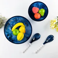 Set Peralatan Sajian Salad Resin Poles Buatan Tangan dengan Pola Efek Marmer Aqua Swirl Termasuk Garpu dan Sendok untuk Penggunaan Peralatan Dapur