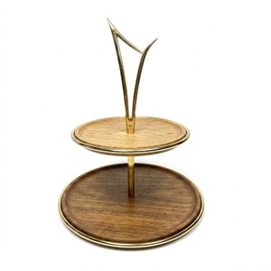 Luxury 2-Tier Wooden Cake Stand With Gold Brass Floral Branch Frame Elegant Rustic Mango Wood Cupcake Display & Serving <b>Tray</b> - Product Image 3
