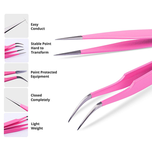 Pince à épiler pour extensions de cils de qualité supérieure, couleur rose, pointe droite et courbée, avec étui. - Product Image 5
