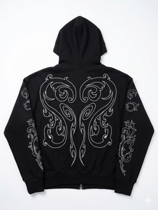 Sweat-shirt à capuche zippé noir brodé pour homme, coupe ample, manches régulières, streetwear, 100% coton, été - Product Image 1