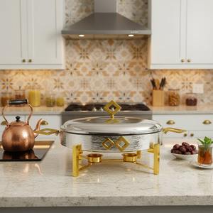 Plat de service de luxe en verre avec support en acier inoxydable pour buffet, chauffe-plats rond ou ovale avec support doré ou argenté pour hôtel - Product Image 2