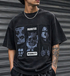 เสื้อยืดสตรีทแวร์ทรงโอเวอร์ไซส์ ผ้าคอตตอนถักน้ำหนักมาก 100% ทรงบ็อกซี่ ไหล่ตก พิมพ์โลโก้ด้านหน้า ป้องกันขนร่วง - Product Image 1