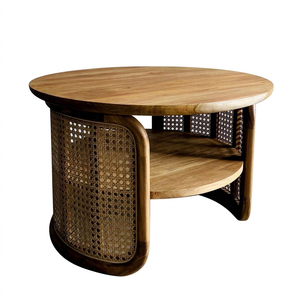 Mesa de Centro de Madera de Teca de Diseño Escandinavo Minimalista, Combinación Duradera de Ratán, Estantes de Almacenamiento Modernos, Sala de Estar Ecológica - Product Image 1