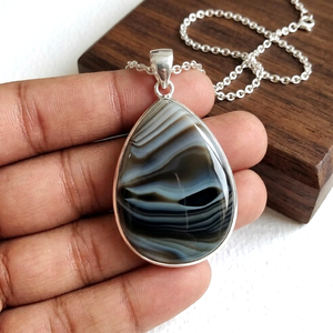 Collar con Colgante de Ágata Negra Natural con Banda, Forma de Pera, Engaste en Bisel, Plata 925, Joyería de Piedras Preciosas Hecha a Mano, Certificada, para Mujer, Unisex - Product Image 4