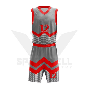 Ensemble de maillots de basket-ball géométriques gris et rouges personnalisés, sans manches, col en V, évacuation de l'humidité, impression sublimée, unisexe adulte, 100% polyester - Product Image 1