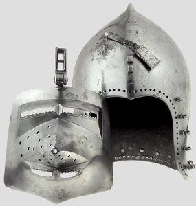 Casco cerrado de acero pulido con visera articulada, orificios de ventilación perforados en la cara y cuello protector integrado. Disponible. - Product Image 5