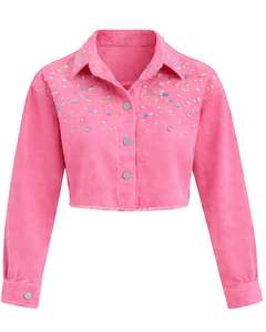Chaqueta Vaquera Corta Rosa Personalizada para Mujer con Detalles de Pedrería, Botones, Manga Larga, Estilo Casual y Urbano - Product Image 1