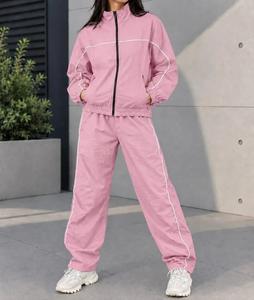 Custom <b>Woman</b> Nylon Winter Washed Solid Tracksuit Set Midweight Contrast Piping Windbreaker Zip Jacket Pant 2 Piece <b>Sweatsuit</b> - Product Image 3