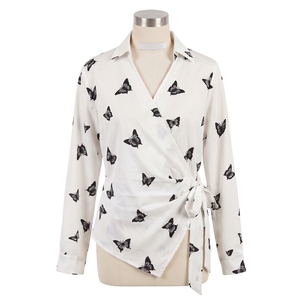 Butterfly Print Wrap <b>Blouse</b> Long Sleeve V-Neck White Women's Top - Product Image 1