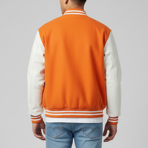 Men's Orange White Varsity <b>Jacket</b> Embroidered Letter Brand Front Casual Streetwear Turn-down Collar Regular Fit Autumn Wear - Product Image 2
