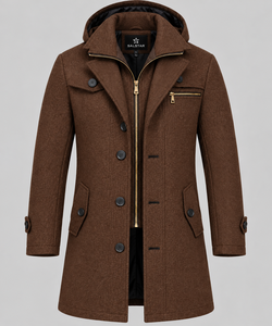 Manteau d'hiver pour homme Salstar en mélange de laine à capuche, col à revers, fermeture éclair, longueur genou, marron - Product Image 1