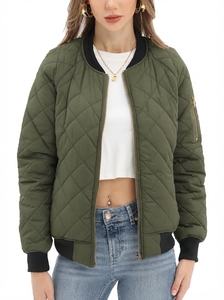 Women's Quilted Bomber Jacket Solid Color <b>Zipper</b> Closure Stand Collar Short Length Full Sleeve Autumn Wear - Product Image 3