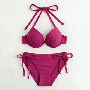Women's Solid Color Bikini Set <b>Crossed</b> Halter Push Up <b>Top</b> Tie Side Bottoms Stretch Fabric Swimwear - Product Image 4