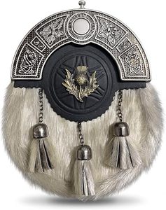Thistle <b>Rose</b> Enterprises Scottish Black Leather Sporran with Antique Metal Cantle <b>Top</b> and Thistle Front Design Model TRE - Product Image 1