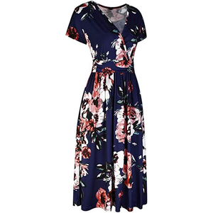 Wholesale Customized High-Quality Women's Summer Retro Digital Printing V-Neck Short Sleeve Midi A-Line Casual <b>Dresses</b> - Product Image 2