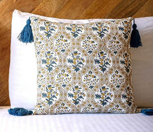 Vintage Indian Lotus Floral Hand Block Printed Cushion <b>Cover</b> Tassels <b>White</b> Pillowcase for Brightening Living Room Artistic Touch - Product Image 4