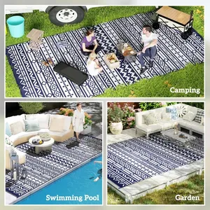 Tappeto da esterno reversibile impermeabile blu e bianco disegno geometrico da parete 9 'X 18' con borsa per il trasporto in paglia di plastica - Product Image 1