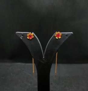Boucles d'oreilles pendantes légères en fil doré plaqué or avec pierres rouges et motifs floraux, longue chaîne, bijoux de mode pour femmes et jeunes filles, vente en gros - Product Image 1