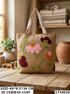 Bohemian Canvas Tote <b>Bag</b> With Floral Embroidery Design For Women Shopping Use All Seasons cotton <b>cord</b> straps - Product Image 2
