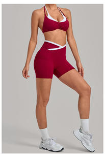 Red Racerback V-neck Crop <b>Top</b> High Waist Shorts Yoga Pants Set Pockets Contrast Binding Seamless Breathable Spandex Nylon - Product Image 2